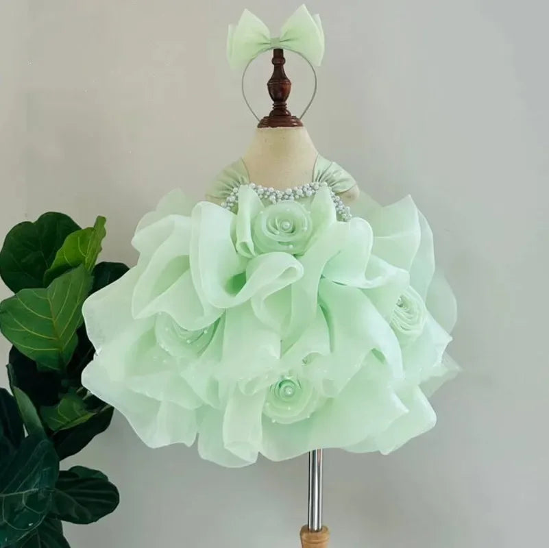 girls beaded formal dress toddler in light green with floral ruffles and matching headband