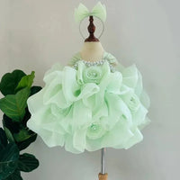 girls beaded formal dress toddler in light green with floral ruffles and matching headband