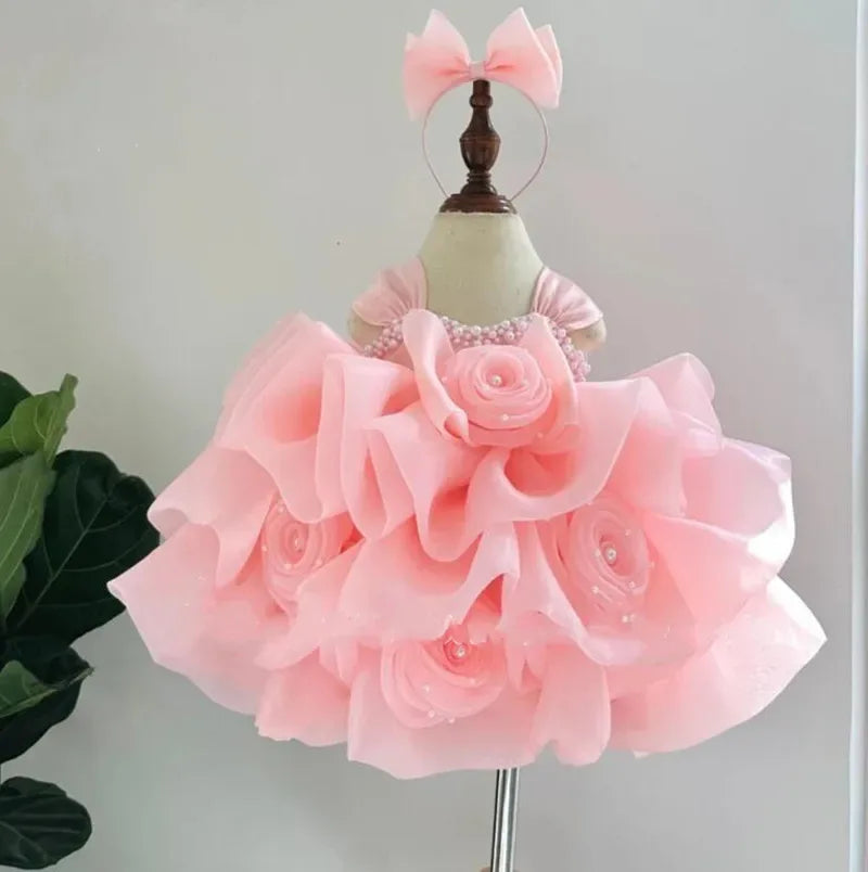pink girls beaded formal dress toddler with large flower appliques and matching headband