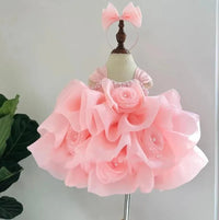 pink girls beaded formal dress toddler with large flower appliques and matching headband