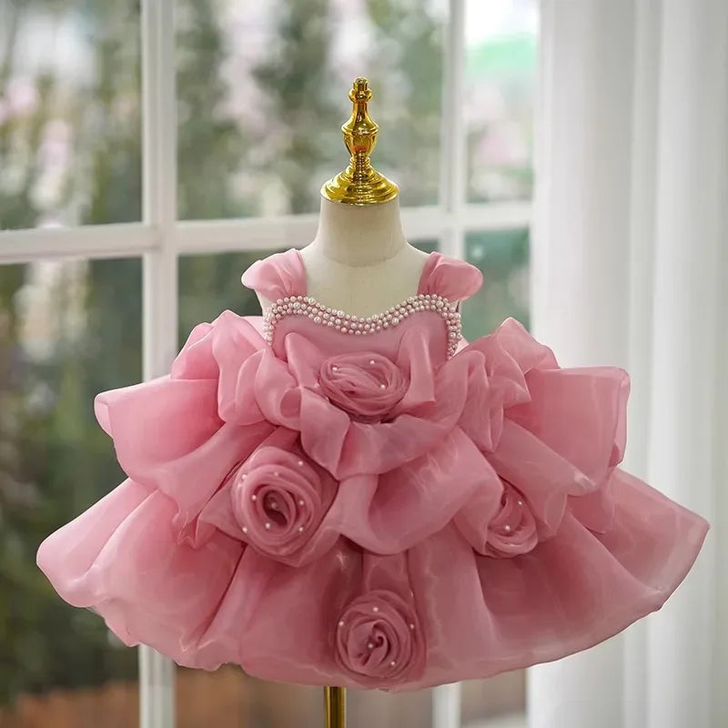 Pink girls beaded formal dress toddler with pearl neckline and large floral ruffles