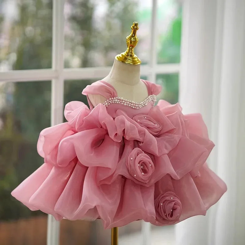 Pink girls beaded formal dress toddler with ruffled organza and pearl neckline for special occasions