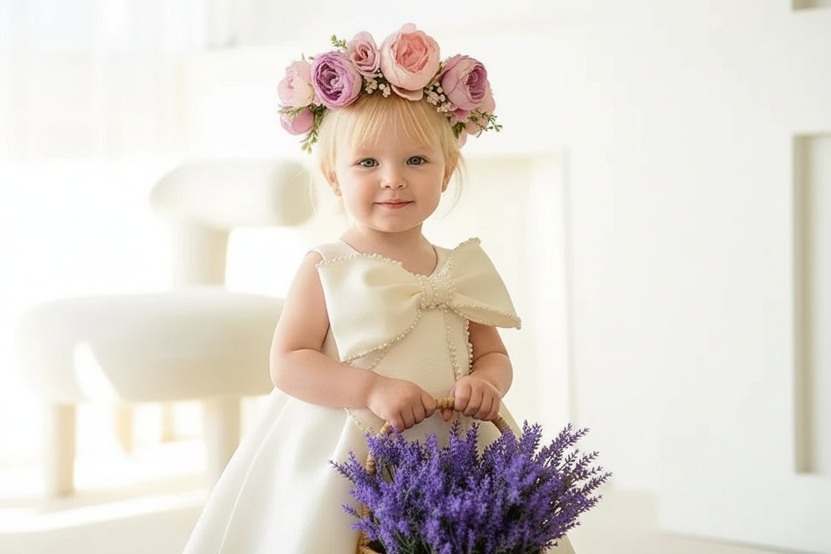 Girls ivory beaded occasion dress for toddlers with large bow detail and floral headband