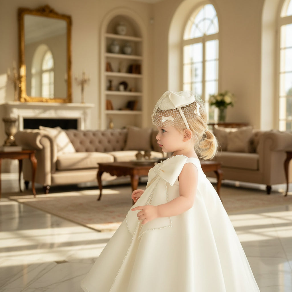 Young girl in a white dress with a decorative headband in a softly lit room.