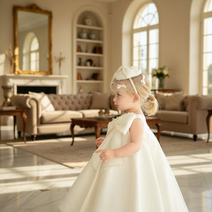 Young girl in a white dress with a decorative headband in a softly lit room.