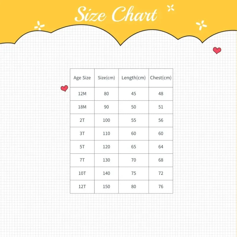 Size chart for girls beaded occasion dress showing age sizes from 12 months to 12 years with length and chest measurements in centimeters