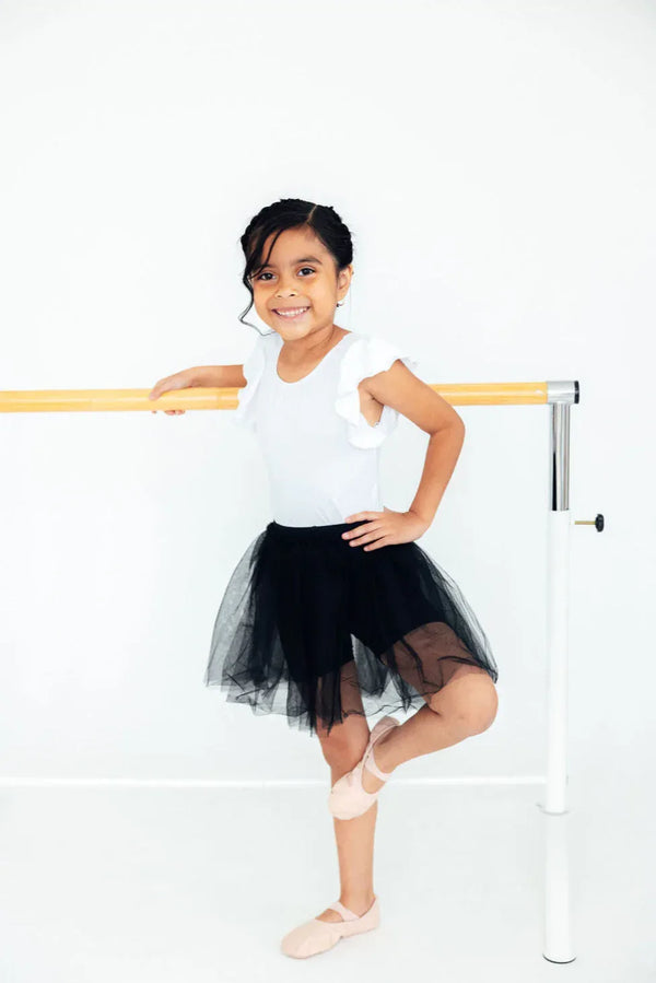 Girls black tutu shorts for young dancers with layered tulle skirt and elastic waistband