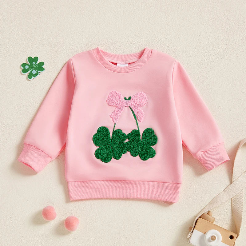 Pink cotton girls bow clover sweatshirt with green clover and pink bow design for kids