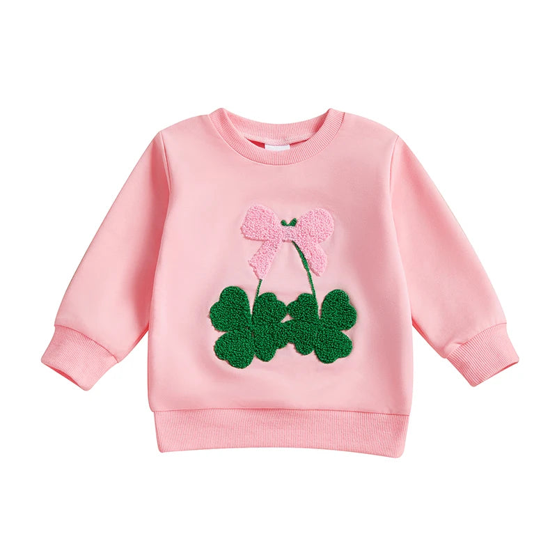 Pink cotton girls bow clover sweatshirt with green clover and textured pink bow design