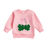 Pink cotton girls bow clover sweatshirt with green clover and textured pink bow design