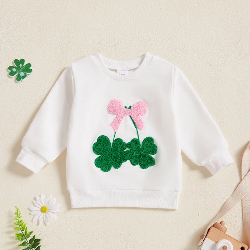 White cotton girls bow clover sweatshirt with green clover and pink bow design for kids