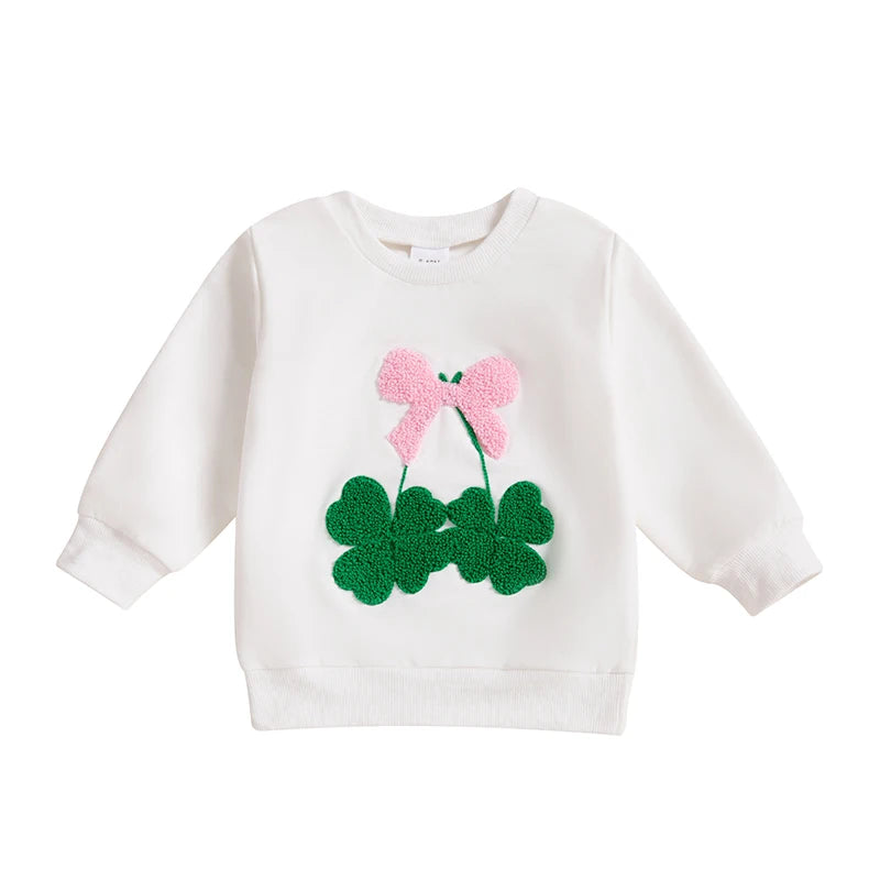 White cotton girls bow clover sweatshirt with pink bow and green clover design for kids