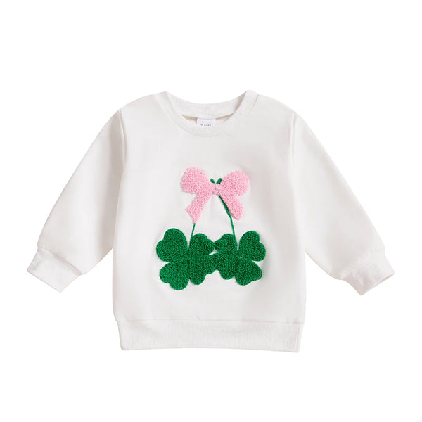 White cotton girls bow clover sweatshirt with pink bow and green clover design for kids