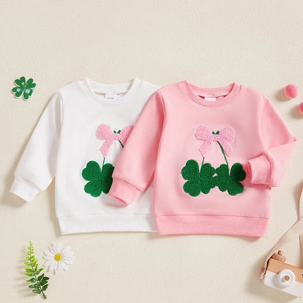 Pink and white girls bow clover sweatshirt made of soft cotton with a textured green clover and pink bow design