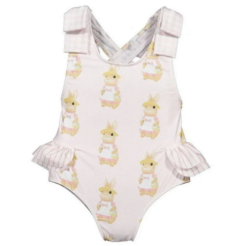 girls bunny print swimsuit in pastel pink with ruffle straps and bunny pattern for toddlers