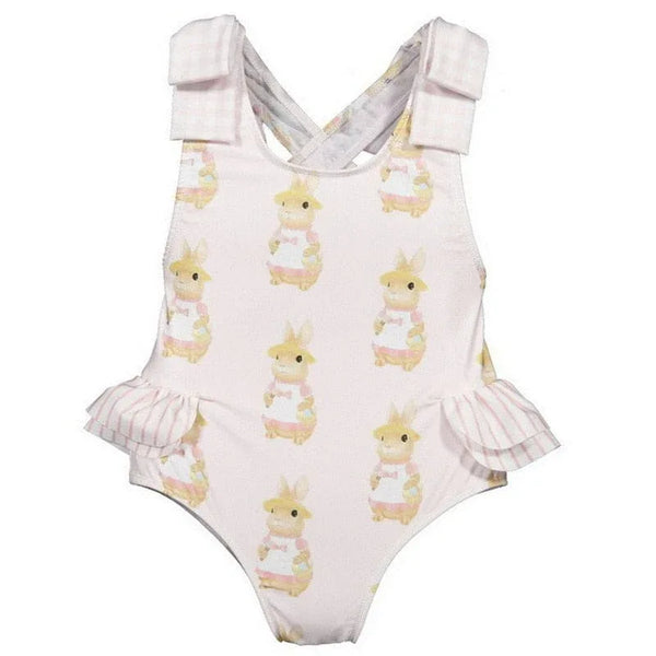 girls bunny print swimsuit in pastel pink with ruffle straps and bunny pattern for toddlers