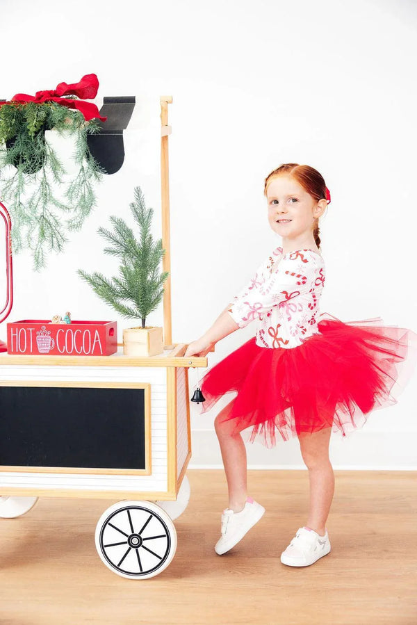 Girls candy cane tutu leotard by Mila & Rose in white and red with 3/4 sleeves for toddlers