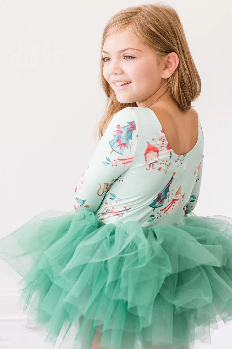 Mila & Rose girls Christmas elf tutu dress in mint green with 3/4 sleeves and layered tulle skirt for toddlers