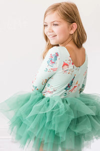 Mila & Rose girls Christmas elf tutu dress in mint green with 3/4 sleeves and layered tulle skirt for toddlers