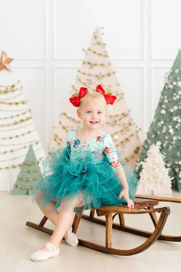 Girls Christmas elf tutu dress in teal with 3/4 sleeves for toddlers by Mila and Rose