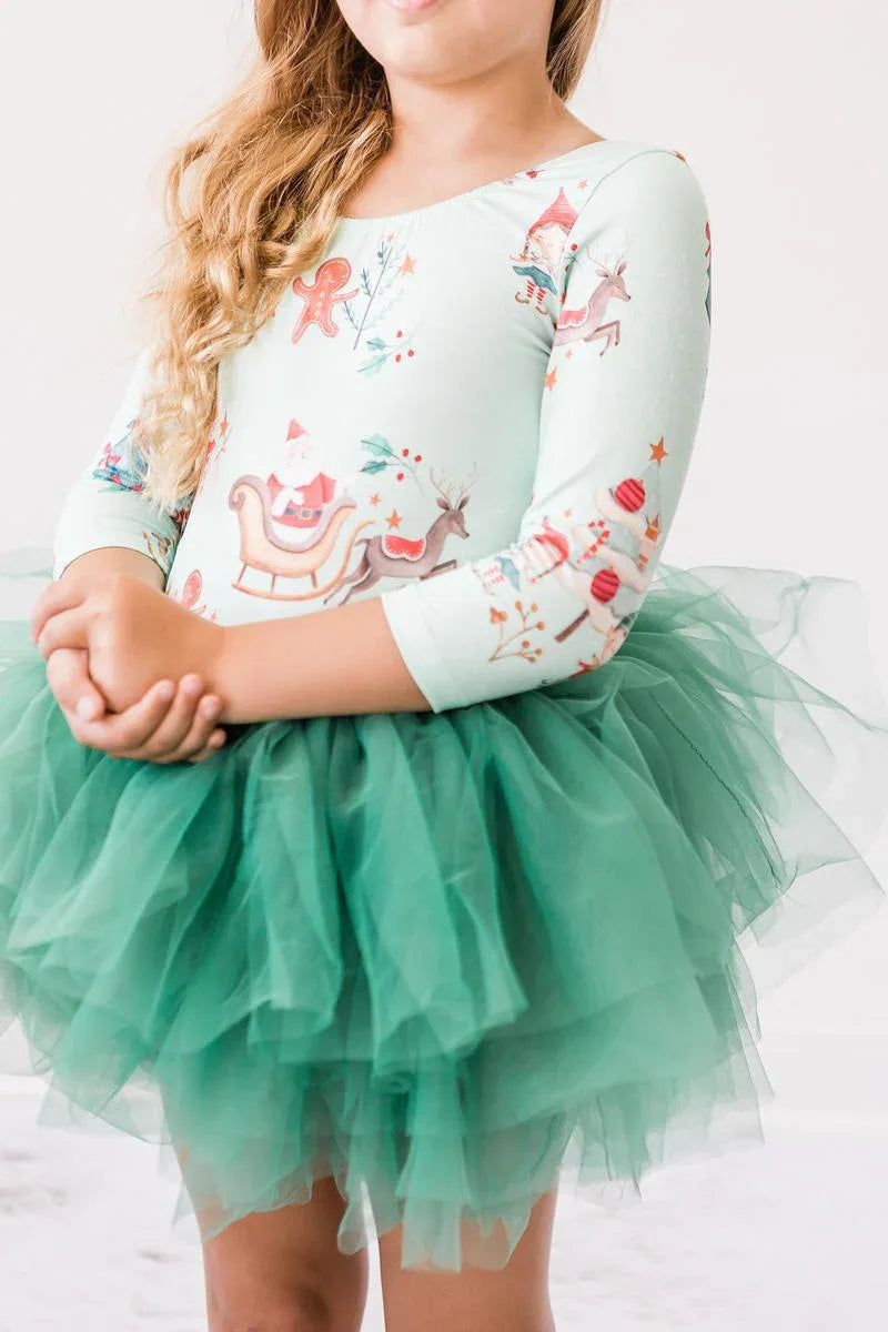 Girls Christmas elf tutu dress by Mila & Rose with green tulle skirt and festive 3/4 sleeve top