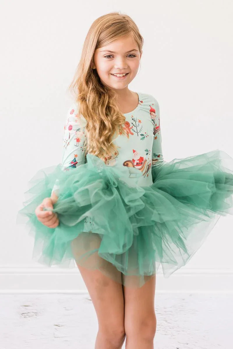 Girls Christmas elf tutu dress by Mila & Rose in green with floral elf print, 3/4 sleeve for girls