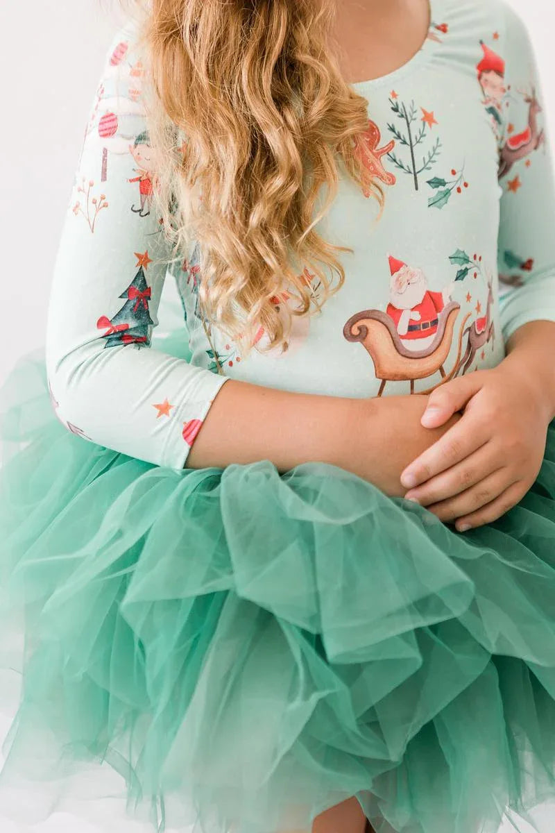 Girls Christmas elf tutu dress by Mila Rose with green tulle skirt and elf print 3/4 sleeve top