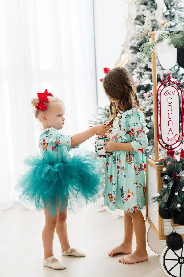 Mila & Rose girls Christmas elf tutu dress in teal with 3 quarter sleeves and fluffy tutu for toddlers