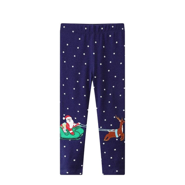 girls Christmas leggings cotton navy blue with Santa and reindeer print for kids