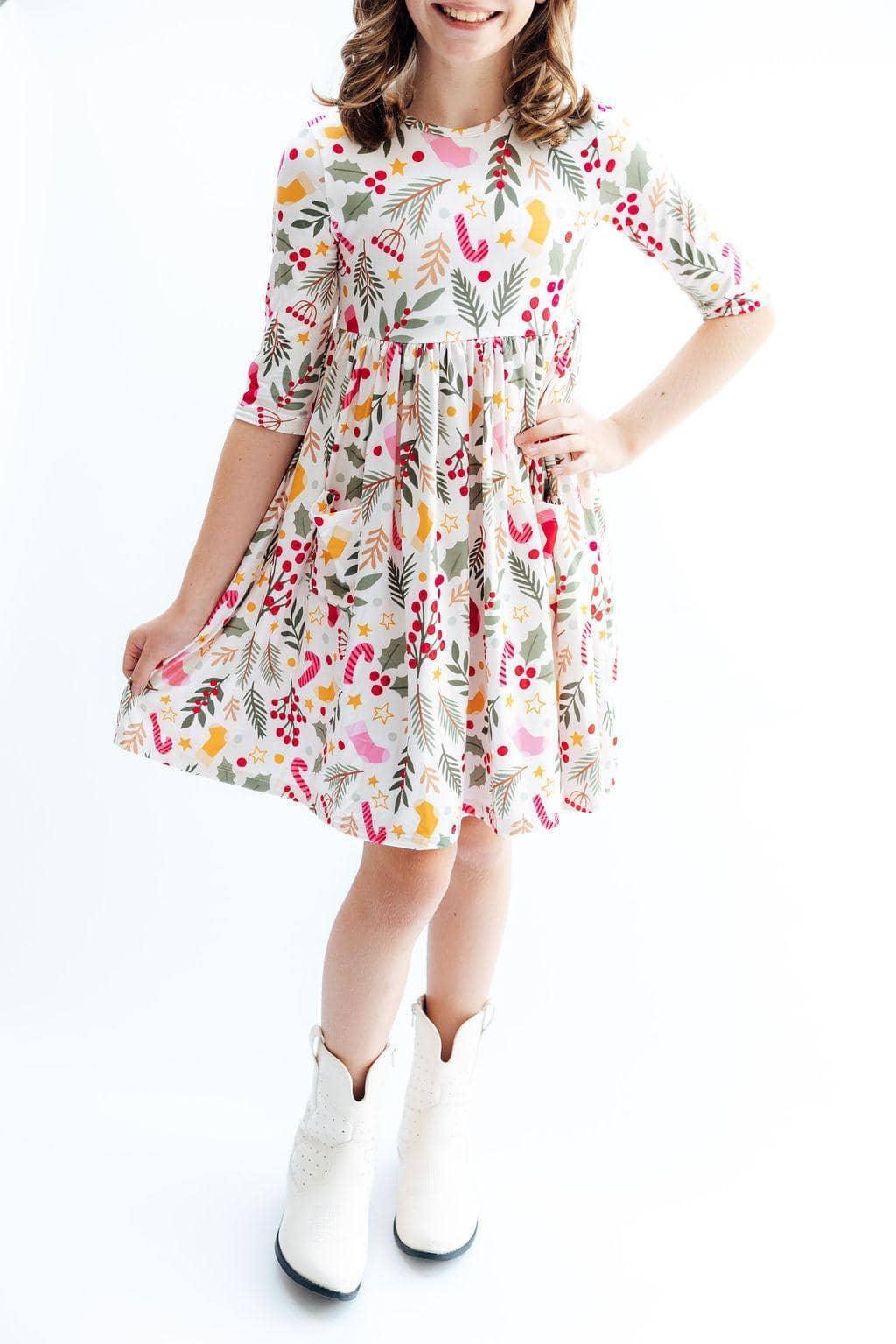Girls Christmas twirl dress with 3/4 sleeves white with colorful holiday floral print