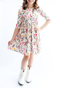Girls Christmas twirl dress with 3/4 sleeves white with colorful holiday floral print