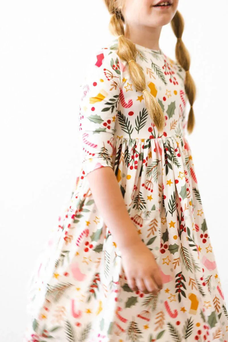 Girls Christmas twirl dress by Mila & Rose white with colorful holiday print 3/4 sleeves