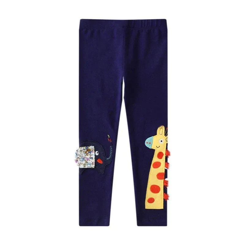 girls cotton leggings giraffe print navy blue kids leggings with giraffe and elephant patch detail