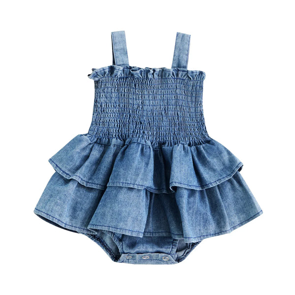 blue girls denim romper 0-24 months with ruffled skirt and smocked bodice