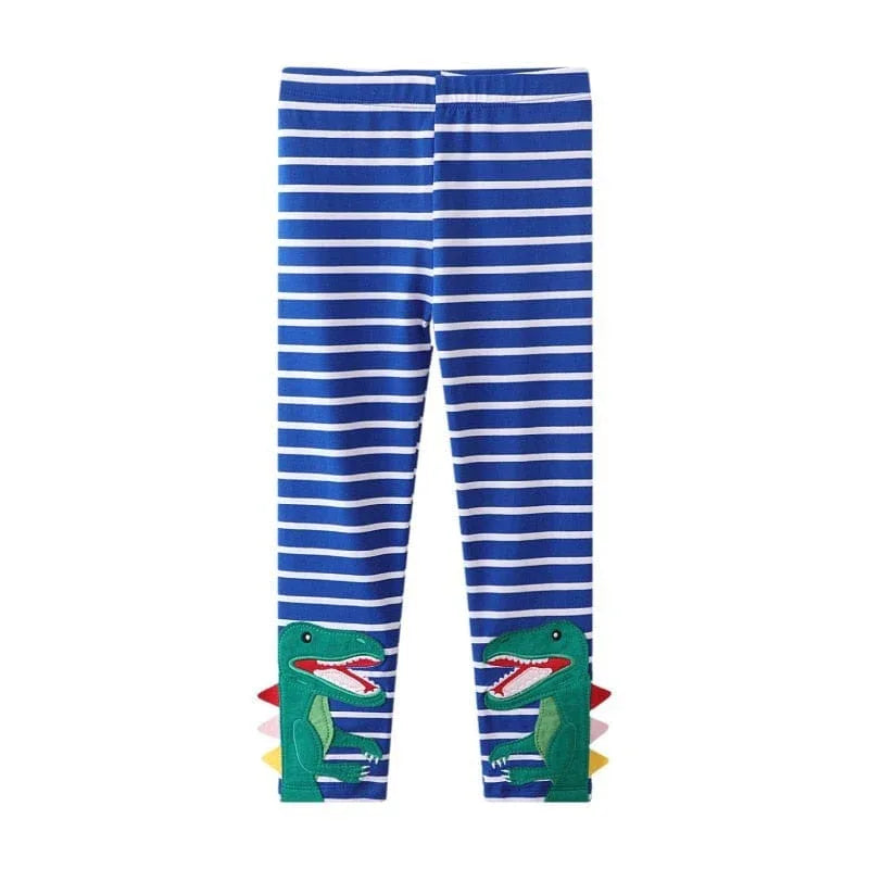 girls blue and white striped leggings with green dinosaur print on the legs