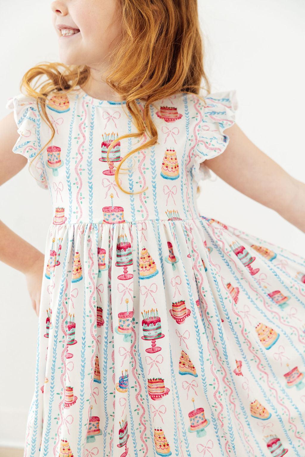 Birthday Cakes Flutter Sleeve Twirl Party Dress for Girls – The Palm Beach  Baby