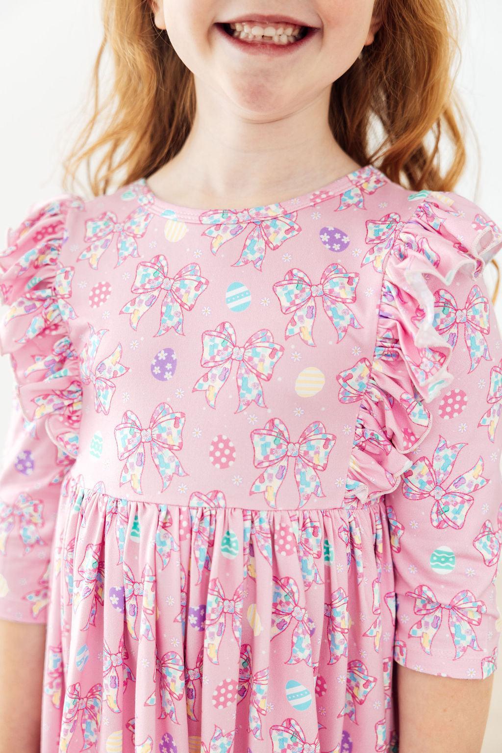 Mila & Rose pink girls dress with 3/4 sleeves and twirl ruffle details for young girls