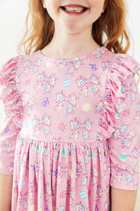 Mila & Rose pink girls dress with 3/4 sleeves and twirl ruffle details for young girls
