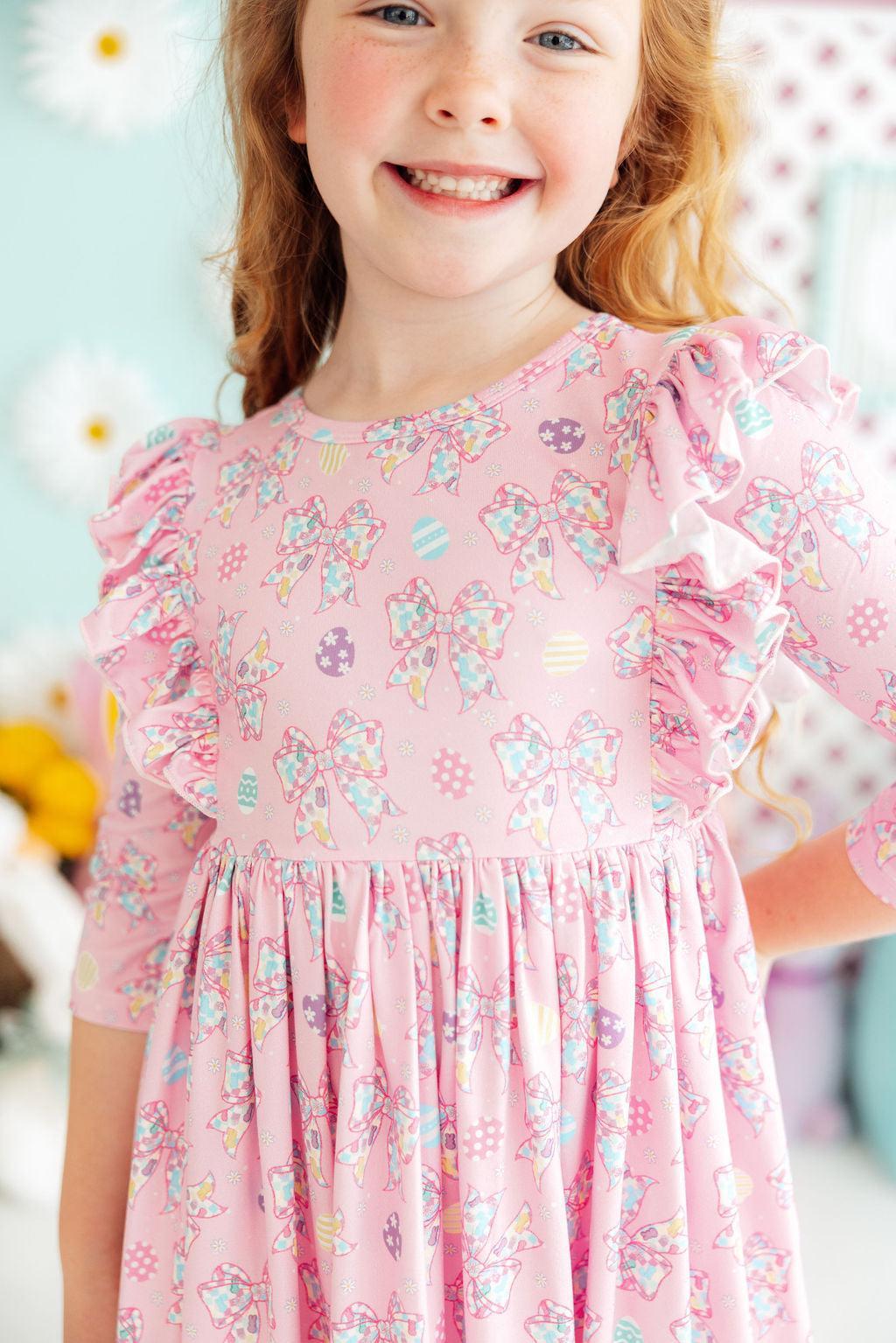 Mila & Rose girls dress pink twirl ruffle dress 3/4 sleeve with bow and Easter egg print for kids