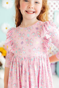 Mila & Rose girls dress pink twirl ruffle dress 3/4 sleeve with bow and Easter egg print for kids