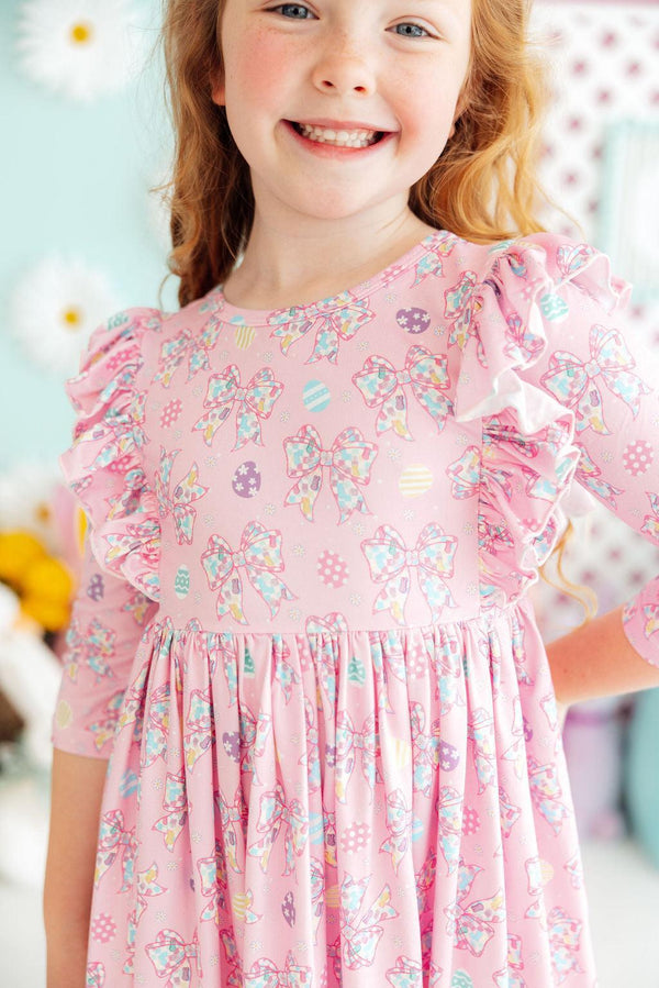Mila & Rose girls dress pink twirl ruffle dress 3/4 sleeve with bow and Easter egg print for kids