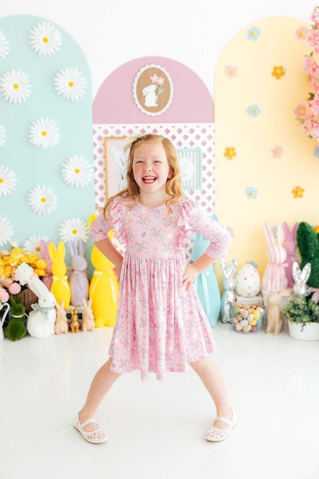 Girls pink floral twirl ruffle dress 3/4 sleeve by Mila & Rose with playful design