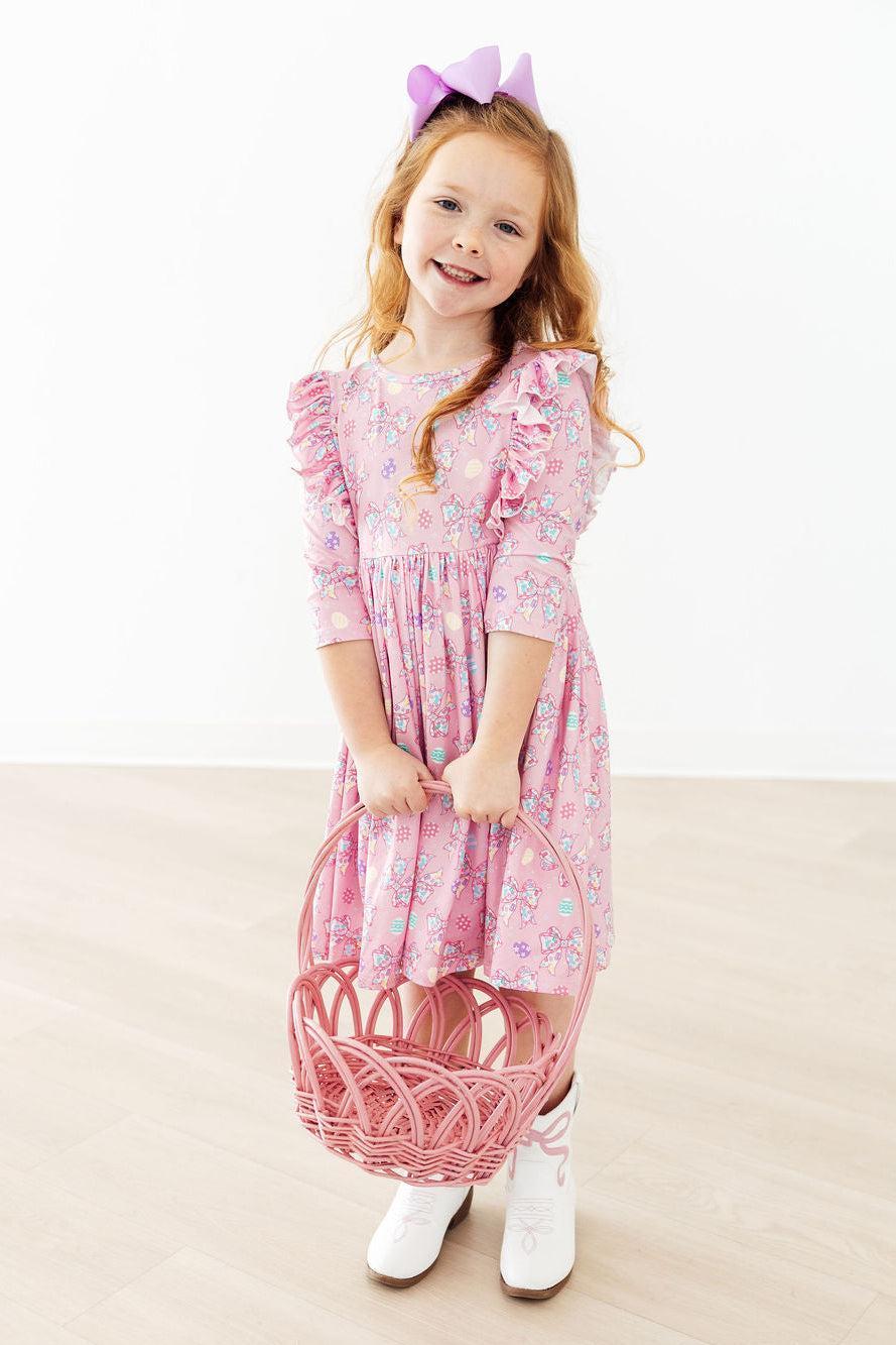 Girls pink twirl ruffle dress 3/4 sleeves with floral print for young kids