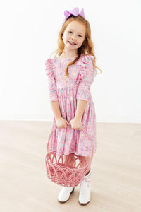 Girls pink twirl ruffle dress 3/4 sleeves with floral print for young kids