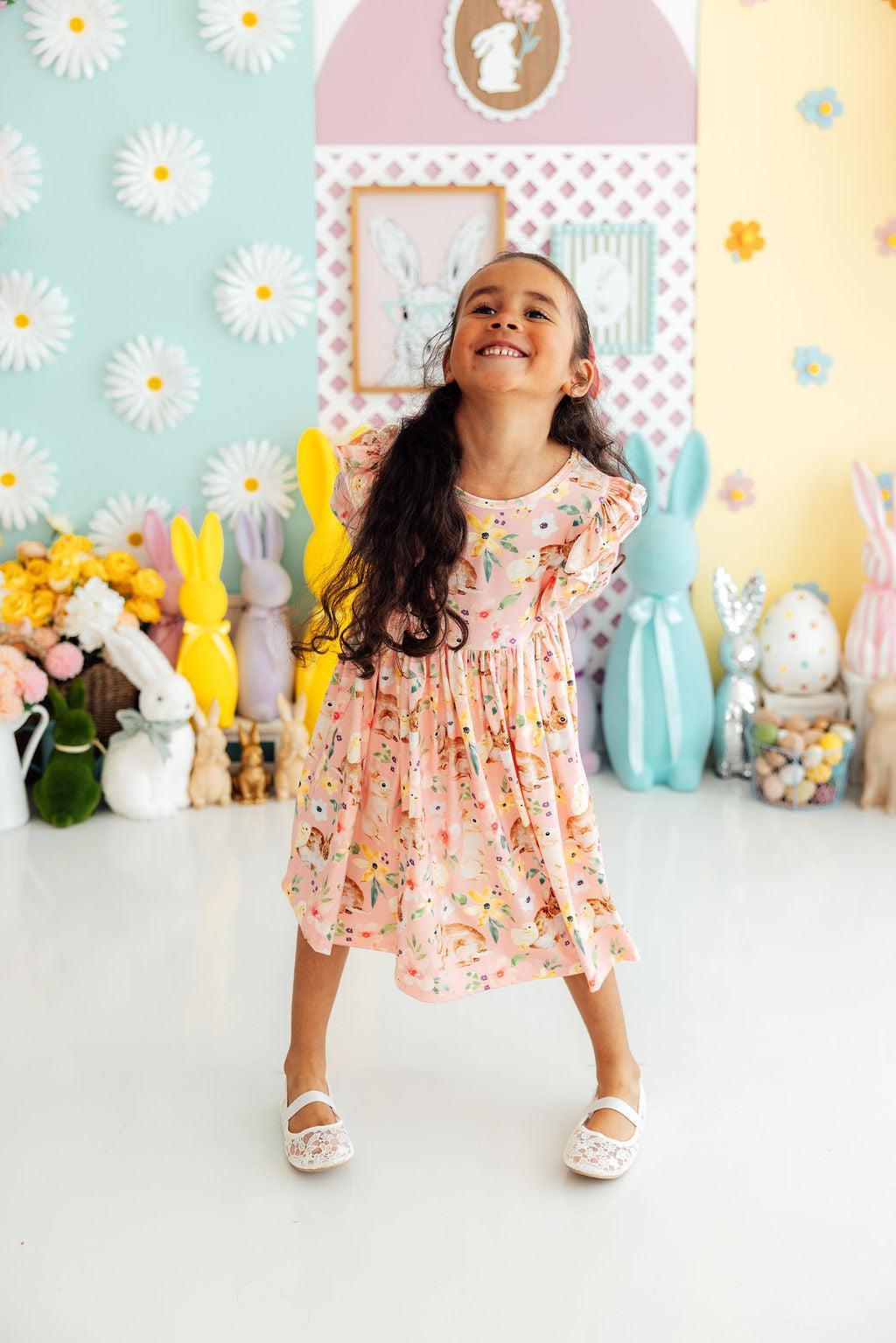 Girls pink floral twirl ruffle dress with 3/4 sleeves for young children by Mila & Rose