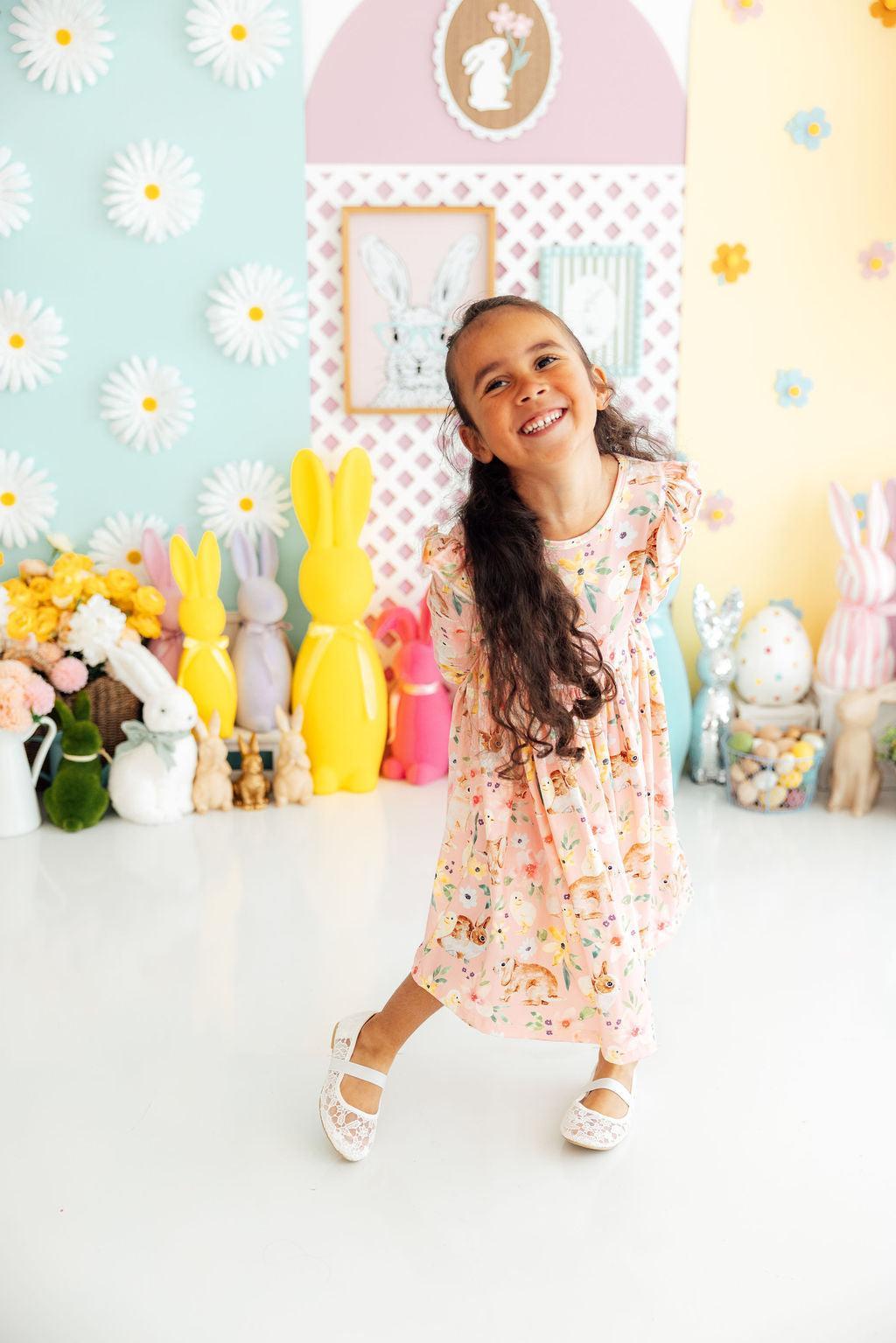 Girls pink floral twirl ruffle dress 3/4 sleeve by Mila & Rose for young girls