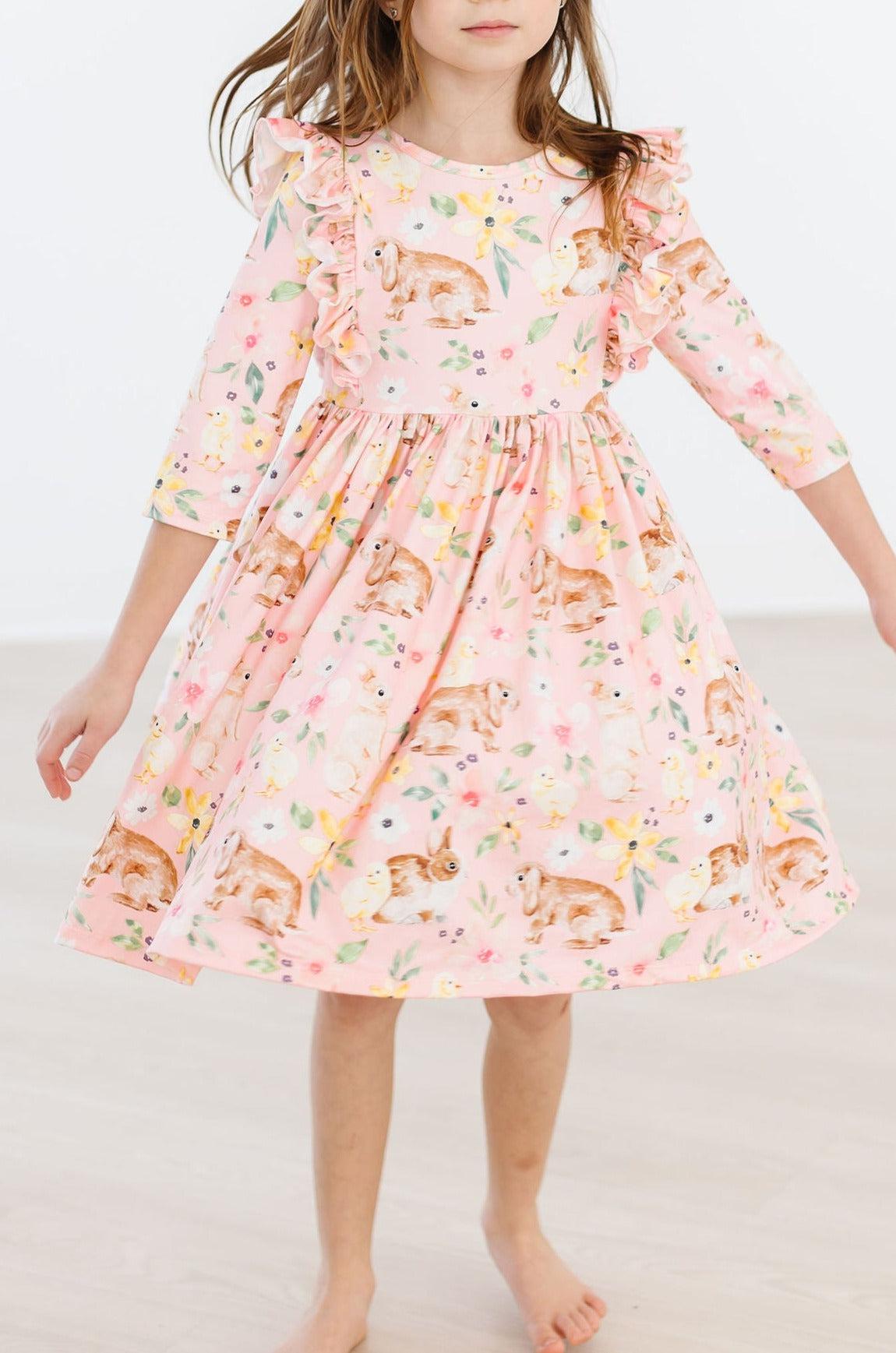 Mila & Rose girls dress pink twirl ruffle dress 3/4 sleeves with bunny print for ages 4-6