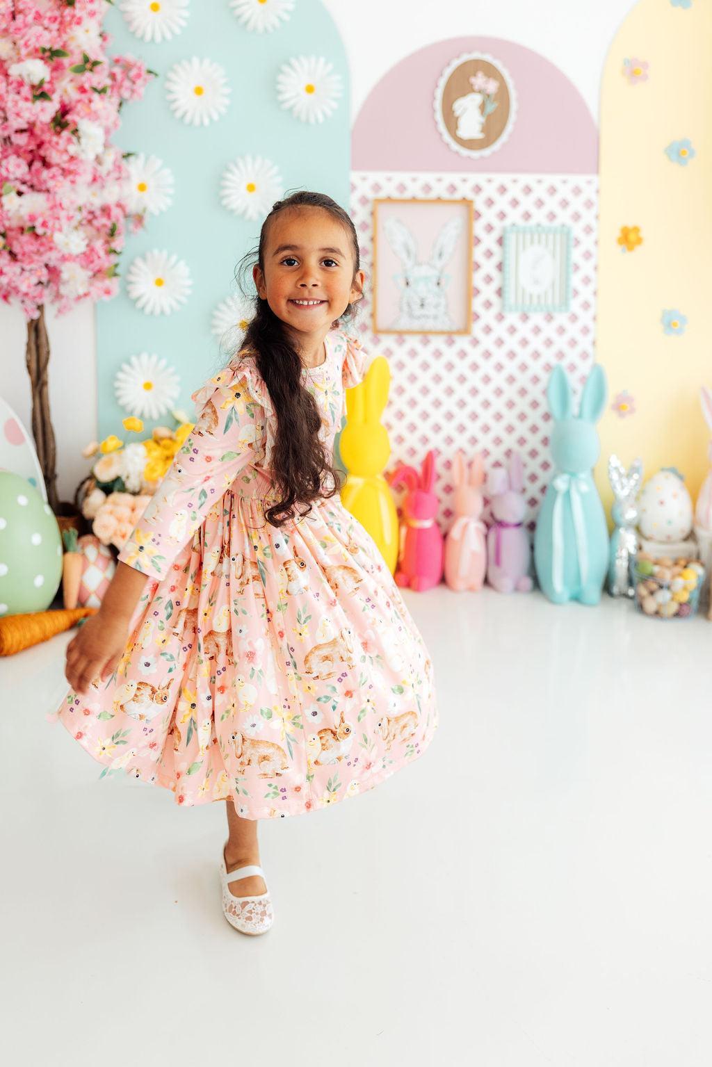 Pink twirl ruffle girls dress with 3/4 sleeves for young girls, floral and rainbow print