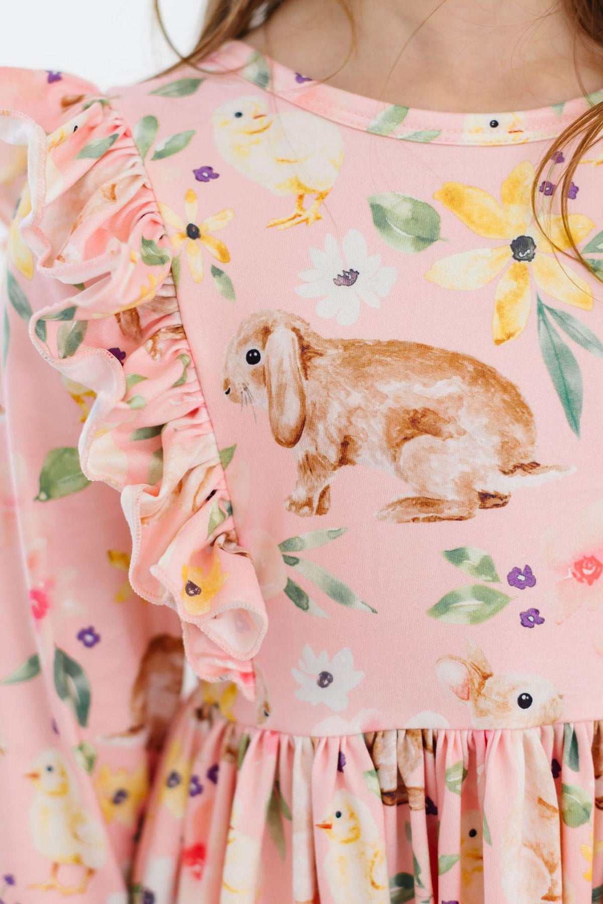 Girls pink twirl ruffle dress with bunny and floral print, 3/4 sleeves by Mila & Rose