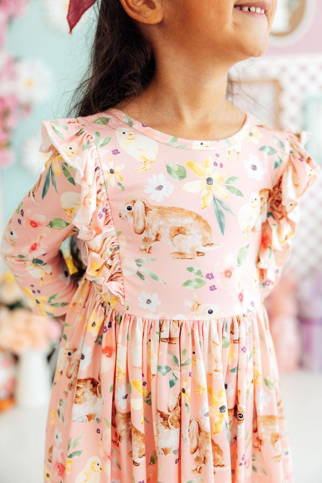 Mila & Rose pink girls dress with bunny and floral print, twirl ruffle detail, 3/4 sleeves for toddlers